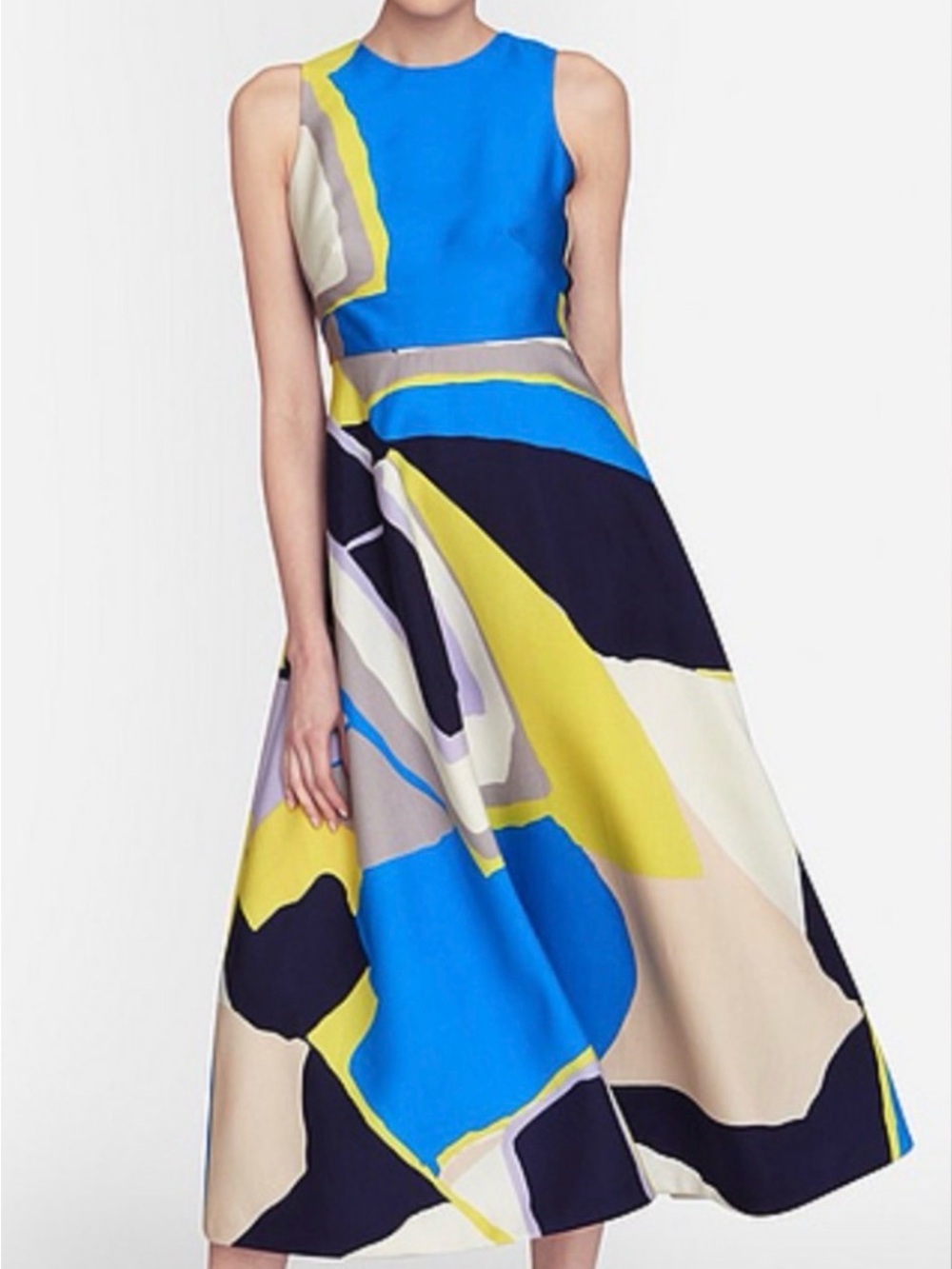 LK Bennett Blue, Yellow & Navy Abstract Sleeveless Midi Dress